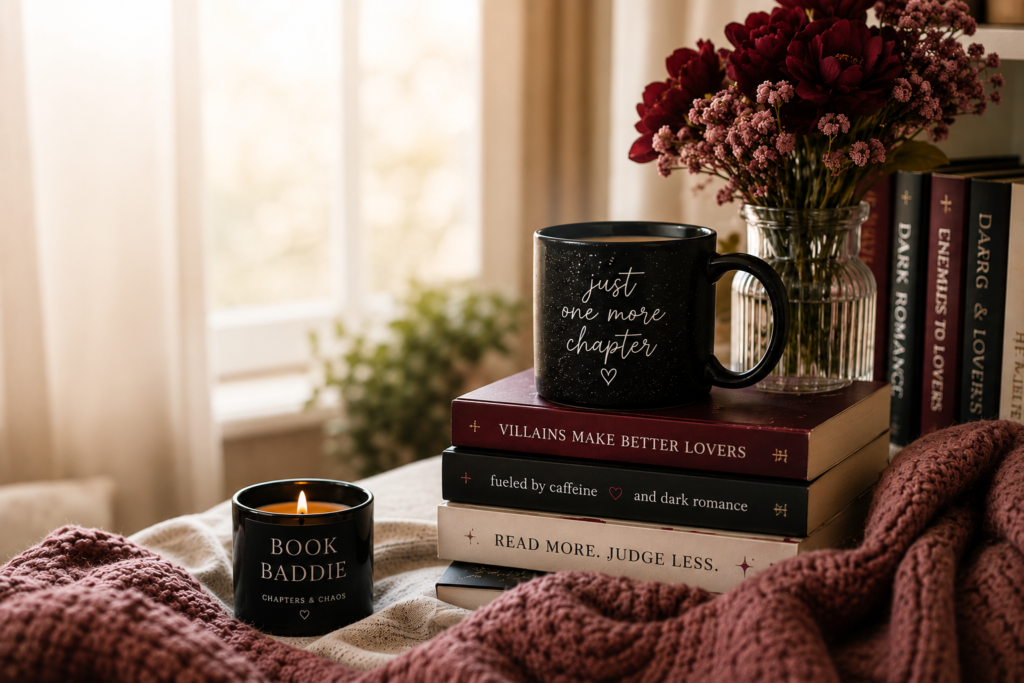 candle cup and books