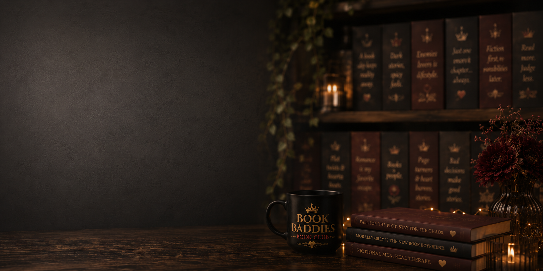 bookshelf with a cup