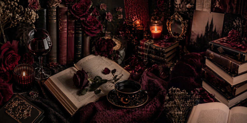 books and candles and roses on a dark setting